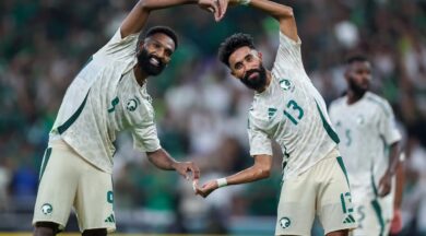 Firas Al Braikan of celebrates scoring for Saudi Arabia against Indonesia in Jeddah with Nawaf Bushal in the fourth round of Asian qualifying for the FIFA World Cup 26