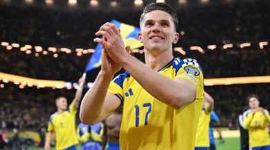 Viktor Gyokeres celebrates Sweden s 3 2 win over Poland at Friends Arena in Solna in their UEFA qualifying play off final for the FIFA World Cup 2026
