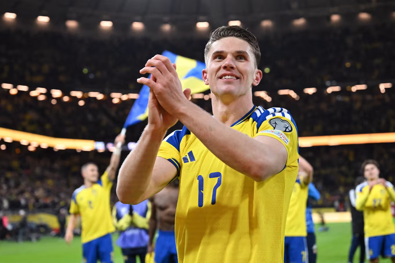 Viktor Gyokeres celebrates Sweden s 3 2 win over Poland at Friends Arena in Solna in their UEFA qualifying play off final for the FIFA World Cup 2026